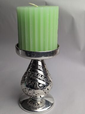 Vintage Brighton Silver Plate Hollowware Pillar Candle Holder Scroll Detail